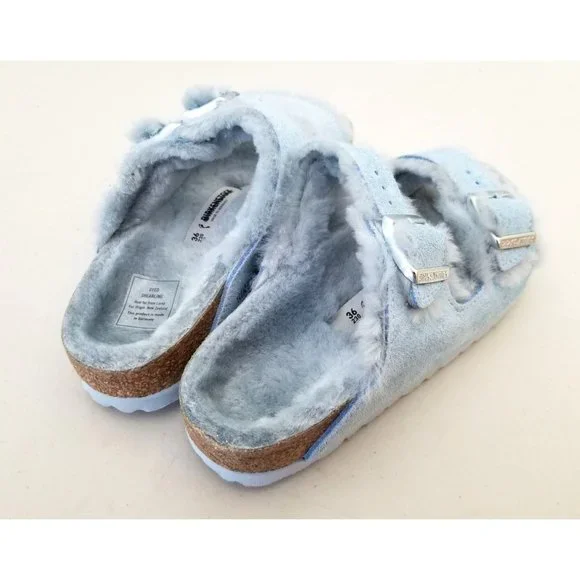 Birkenstock Arizona Shearling Suede Leather in Light Blue Size 36 Narrow - Picture 3 of 5